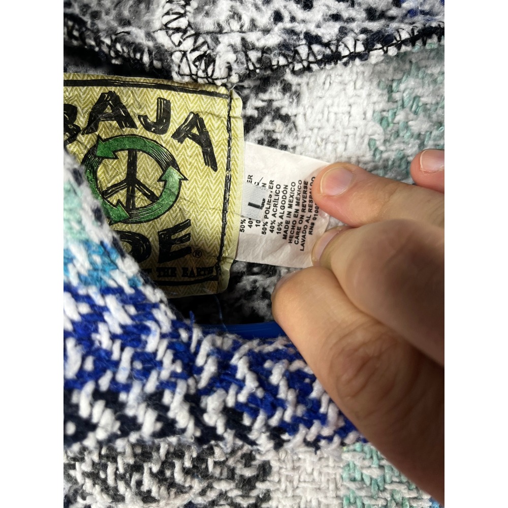 Baja Joe Mexican Hoodie Blue White Black Striped Jerga Pullover Large - Picture 3 of 9
